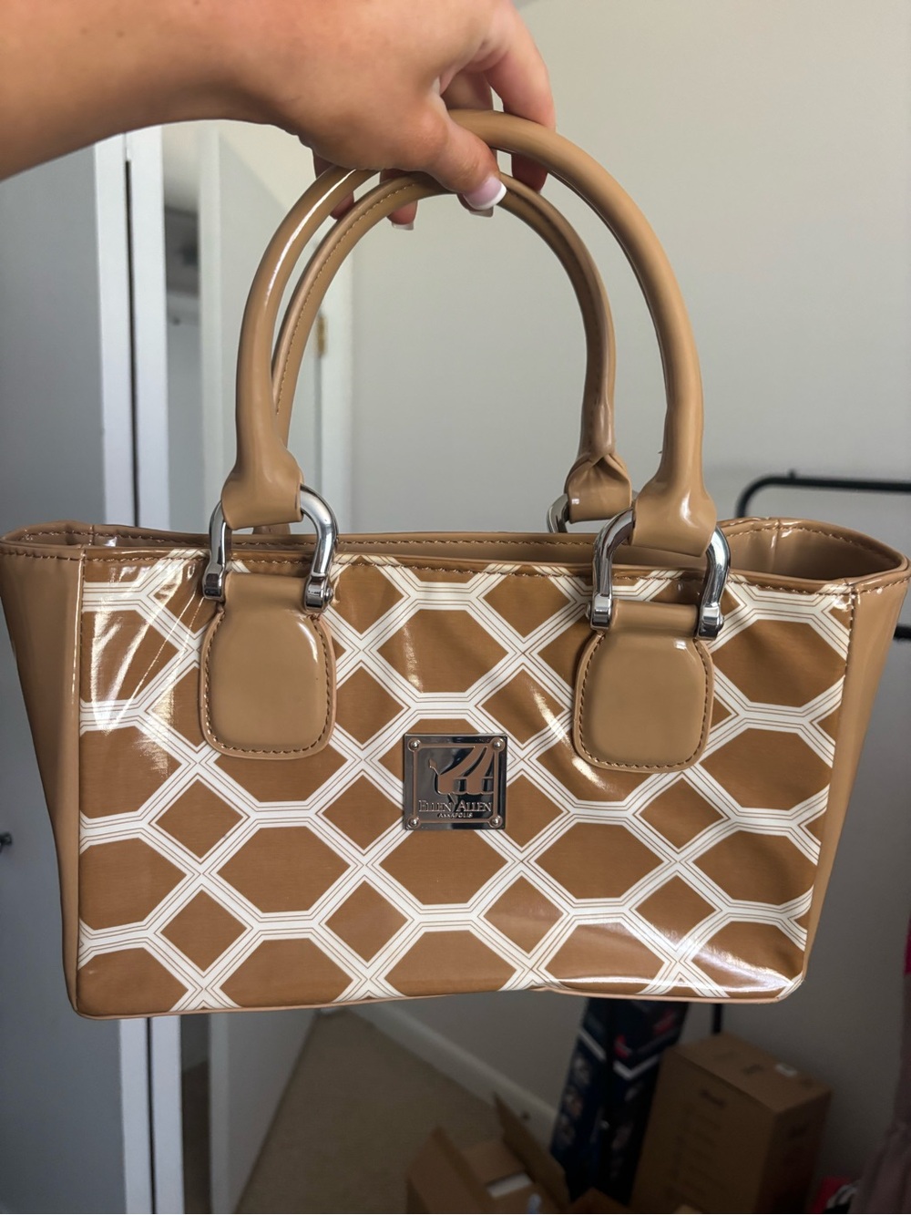 Patent Tan Geometric Satchel with Silver Hardware